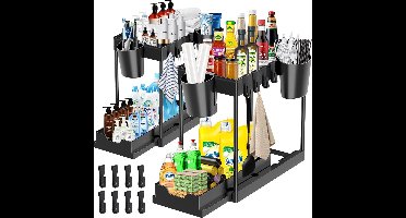 Opslag onder de gootsteen, keuken, 2 niveaus, 2 stuks, rek met 8 haken en 4 hangende wastafels, lade-organizer