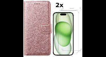 Hoesje Geschikt voor iPhone 15 hoesje bookcase met 2x screenprotector – Rosegoud