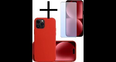 Hoesje - Met Screenprotector - Geschikt voor Apple iPhone 15 Pro Max - Sterk & Shockproof - Back Cover - Siliconen Case - Telefoon Hoes - Rood