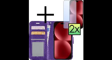 Hoesje - Met 2x Screenprotector - Geschikt voor Apple iPhone 15 Pro Max - Luxe Pasjeshouder - Bookcase Portemonee - Flip Case - Kunstleer Book Case - Flipcase Hoes - Book Cover - Walletcase - Portemonneehoes - Paars