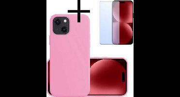 Hoesje - Met Screenprotector - Geschikt voor Apple iPhone 15 - Sterk & Shockproof - Back Cover - Siliconen Case - Telefoon Hoes - Lichtroze