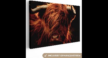 Canvas - Schotse hooglander schilderij - Close up - Dierenkop - Zwart - Koe - Schilderijen woonkamer - Foto op canvas - Kamer decoratie - 30x20 cm