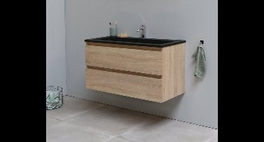 Basic Bella Badkamermeubelset - 100x55x46cm - 1 wasbak - Acryl - Zwart - 1 kraangat - Zonder spiegel - MDF Eiken