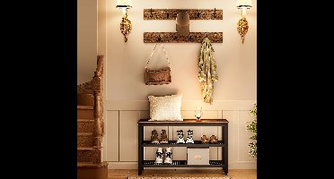 Kapstok Schoenbank Set, kledingrek met 9 haken, schoenenrek met zitting, kapstok met bank, veel opbergruimte, metalen frame, Industrieel ontwerp, vintage bruin-zwart EBF17MT01