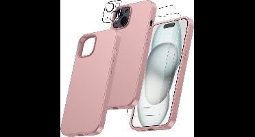 Hoesje Geschikt voor iPhone 15 Plus – Zacht siliconen liquid backcover met 2x screenprotector gehard glas en 1x lens protector – Pink