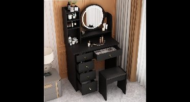 Make-uptafel met ledverlichting en 5 laden, kaptafel met 4 open vakken, kaptafel met ronde spiegel, make-uptafel, met kruk, make-uptafel, zwart, 80 x 40 x 135 cm (b x d x h)