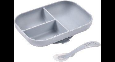 Béaba Siliconen Eetset - Bord met 3 Vakjes en Lepel - Kinderservies met Zuignap - Vaatwasserbestendig Kinderservies - Blauw