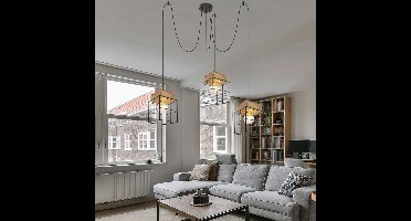 Hanglamp 3 vlammen vintage eetkamerlamp hout vintage hanglamp, metaal zwart bruin, 3x E27 stopcontacten, DxH 20x300 cm