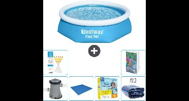 Bestway Rond Opblaasbaar Fast Set Zwembad - 244 x 61 cm - Blauw - Inclusief Pomp Grondzeil - Onderhoudspakket - Solarzeil - 7-delig