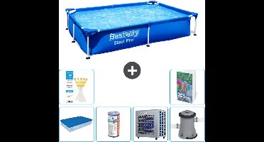 Bestway Rechthoekig Steel Pro Zwembad - 221 x 150 x 43 cm - Blauw - Inclusief Afdekzeil - Filter - Warmtepomp - Zwembadfilterpomp - 7-delig