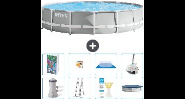 Intex Rond Prism Frame Zwembad - 457 x 107 cm - Grijs - Inclusief Pomp - Ladder - Grondzeil - Afdekzeil - Speelgoed - Stofzuiger - 9-delig