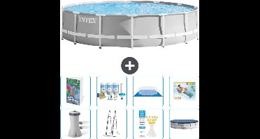 Intex Rond Prism Frame Zwembad - 427 x 107 cm - Grijs - Inclusief Pomp - Ladder - Grondzeil - Afdekzeil - Onderhoudspakket - Loungebed - 9-delig