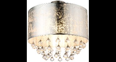 Plafondlamp zilver Woonkamerlamp eetkamer, textiel in bladzilver look met kristallen, 1x E27, DxH 40 x 38 cm