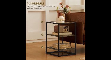 Bijzettafel – Bijzettafeltje – Nachtkastje – Salontafel – Zijtafel – 2-delige Set – Metalen Frame en Glazen Blad – 3 Hoogtes – Rustiek Bruin