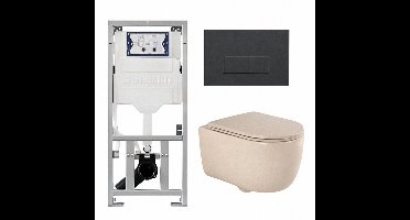 QeramiQ Dely Swirl Toiletset - 36.3x51.7cm - Geberit UP320 inbouwreservoir - met Burda frame - slimzitting - bedieningsplaat antraciet mat - rechthoekige knoppen - beige