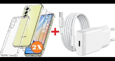 USB C Adapter - oplader - USB C Snellader 20W Met 1m Kabel - Hoesje Geschikt voor Samsung Galaxy A35 hoesje transparant Anti Shock silicone met 2x screenprotector- Ntech COMBI-SET