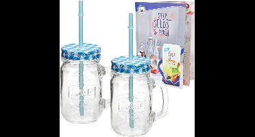 Set van 2 glazen bekers met handvat, deksel en rietje incl. receptenboekje - blauw geruit - 0,5 liter beker / drinkglas met reliëf