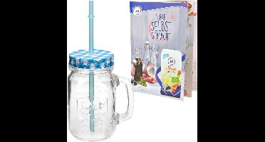 Glazen mok met handvat, deksel en rietje incl. receptenboekje - blauw geruit - 0,5 liter drinkbeker / drinkglas met reliëf