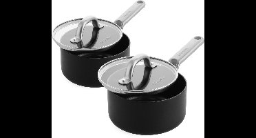 Greenpan Omega keramische inductie steelpannenset met deksels 2-delig - 16/18cm - 1.5/2.3L - PFAS-vrij - Inductie pannenset - Inductie steelpan - Vaatwasserbestendig - Ovenbestendig tot 200°C - Krasbestendig - Stapelbaar - Aluminium - Zwart