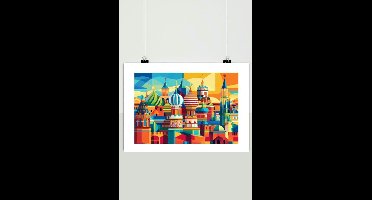 Moskou Poster - Kleurrijk - WPAP - Kunst - Stad - Gebouwen - Rusland - Moscow - posters - formaat 70x100cm - Wanddecoratie - BL5456WV - Met kader - passe-partouts stijl