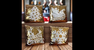 Set van 4 gouden pailletten kussenhoezen met kerstmotieven – 38,5 cm