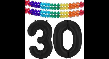 Folat folie ballonnen - Leeftijd cijfer 30 - zwart - 86 cm - en 2x feestslingers gekleurd 600 cm - versiering - feestartikelen