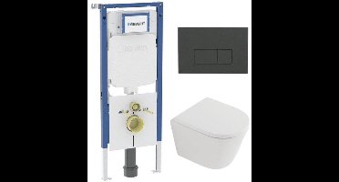 QeramiQ Dely Toiletset - 36.3x51.7cm - diepspoel - rimless - Geberit UP720 inbouwreservoir - softclose toilet zitting 35 mm - bedieningsplaat antraciet mat - rechthoekige knoppen - mat wit
