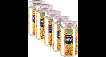 Plasticforte voedsel voorraadpot - 5x - weckpotten - roze - 1500 ml - kunststof - met draai deksel - 11 x 20 cm