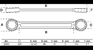 BGS Dubbele ringsleutel extra plat SW 8 x 9 mm - 30331