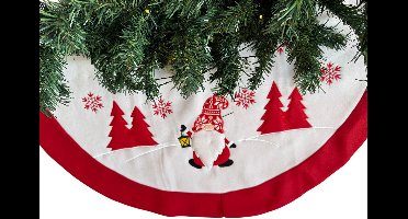 HEM Kerstboomrok Ø90 cm – Wit/Rood – Met Gnoom-opdruk – Fleece Boomkleed – Christmas Tree Skirt – Kerstdecoratie Rondom Kerstboom