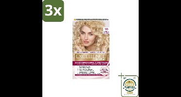 3 x L'Oréal Excellence Crème Permanente Crèmekleuring 10 Extra Lichtblond - Grootverpakking - Haarverf - Grijsdekking - Permanente Haarkleuring - Crème Kleuring - Haarverf Crème