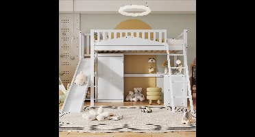 Stapelbed Kinderen 90x200cm - 250x179x170cm - 100,5 kg - 120 kg Laadvermogen - Met Bureau Kledingkast - Vierlagen Oprijplaat - EN747 Certificering - Glijbaan - Grenen MDF Multiplex - Stabiel - Ruime Opbergruimte