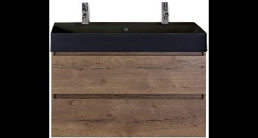 Maxx XL Badmeubelset 100 cm - Tabacco - Wastafel Kube Zwart 2 Kraangaten