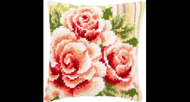 Vervaco - Kruissteekkussen kit - Rozen en boord met strepen - PN-0147148 - Borduren - Borduurpakket - Borduurpakket volwassenen - Borduurpakket kind