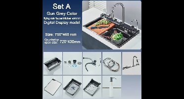 Digitale Watervalsink – Keukenspoelbak – Enkele Kom – Barspoelbak – Spoelbak RVS – Met Uittrekbare Sproeikop – Roestvrij Staal – Gun Gray Kleur