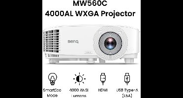 BenQ Beamer MW560C - Projector - 4000 ANSI lumen - DLP WXGA 1280x800 - Voor kantoor of thuis - SmartEco energiebesparing - 3D Projecties - 30-bit kleurdiepte - Wit