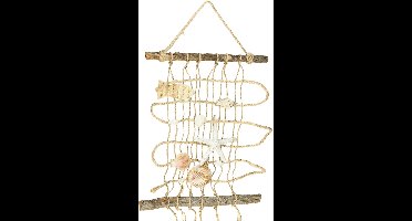 Visnet jute met schelpen maritieme wanddecoratie 25×55cm
