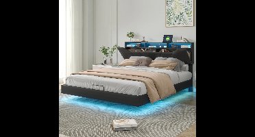 Bed 160x200 – Opbergbed – Led Bed – Stijlvol Bed – Verstelbaar Bed – Pneumatisch Hefbed Met USB-C – Zwart PU Leer