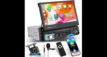 1-DIN Autoradio – Draadloze Radio – CarPlay Systeem – Android Auto Radio – Bluetooth Autoradio – Uittrekbaar 7" Touchscreen – Inclusief Achteruitrijcamera