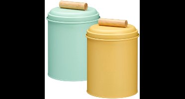 Excellent Houseware Voorraadpotten set - 2x - koekjes bewaarblik - 14 x 20 cm - metaal - groen / geel