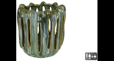 Windlicht decoratie groen wit aardewerk 17x17x16,5cm sfeerlicht.