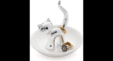 Balvi ringhouder kat op schaaltje Gatto wit met zilver