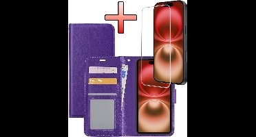 Hoesje - Met Screenprotector - Geschikt voor Apple iPhone 16 - Luxe Pasjeshouder - Bookcase Portemonee - Flip Case - Kunstleer Book Case - Flipcase - Book Cover - Walletcase - Portemonneehoes - Paars