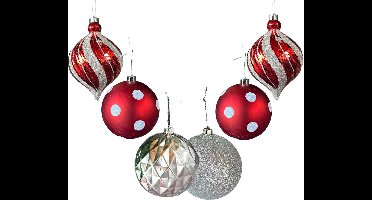 HEM Grote Kerstballen Set – 6 Stuks Ø14 cm – Rood en Zilver met Glitter – Luxe Kerstversiering voor Plafond of Etalage