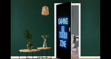 Deursticker Gaming - Tekst - Gaming zone - Neon - Blauw - 95x215 cm - Deurposter