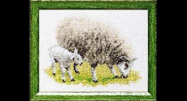 Pako Borduurpakket met telpatroon - Schaap met lammetje - 210.899 - voorgesorteerd garen - Aida ivoor - 13 x 17 cm - DIY kit