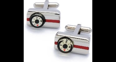 Manchetknopen - Kompas Rechthoekig Zilver met Rood