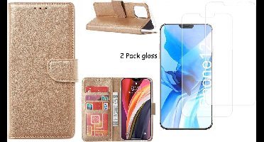 Hoesje Geschikt voor iPhone 12 Mini hoesje - bookcase / wallet cover portemonnee Bookcase Goud + 2x tempered glass / Screenprotector