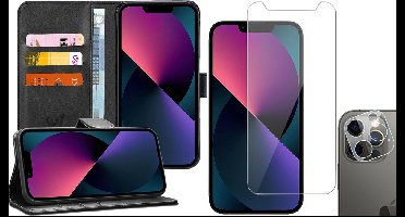Hoesje geschikt voor iPhone 13 Pro Max - Book Case Kunstleer Wallet - Zwart - Met Screenprotector en Camera Screen Protector