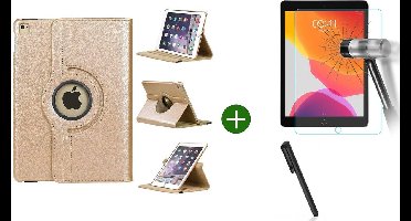 Hoes geschikt voor iPad 2021/2020/2019 (10.2 inch) draaibaar + screenprotector - tempered glass + stylus pen - Goud